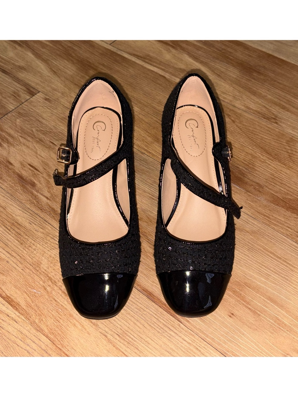 Catos Black Mary Jane Flats with Patent Toe and Strap